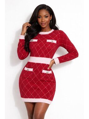 NWT Sweater Dress Medium Red Rhinestone Knit Bodycon Colorblock Glam Preppy
